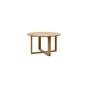 Rundt spisebord i teak, planketop og krydsformet base. Elegant design til alsidige omgivelser.