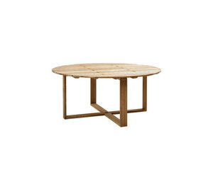 Rundt teak spisebord med lamelbordplade og krydsende benramme for robust støtte.