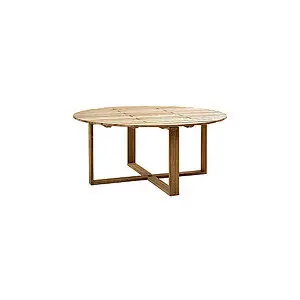 Rundt teak spisebord med lamelbordplade og krydsende benramme for robust støtte.