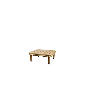 Udendørs sofabord med naturlig træfinish, firkantet form, afrundede kanter og fire ben.