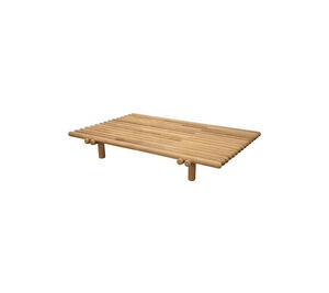 Rektangulært sofabord i teak med lameldesign og fire cylindriske ben.