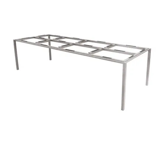 Rektangulær, minimalistisk bordramme i taupe, med gitterstruktur på toppen og fire lige ben i aluminium.