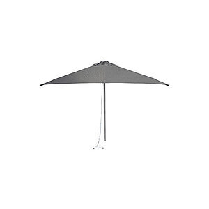 Rektangulær parasol med neutral dug, mørk central stang og åbningsmekanisme.