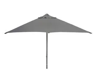 Stor kvadratisk parasol i lysegrå med central stang, lavet af aluminium.
