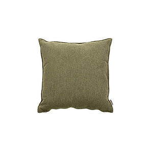 Firkantet pude i lysegrøn tekstureret stof med synlig mærkat på siden.