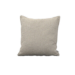 Pude med lys, tekstureret stof i kvadratisk form, neutral farve.