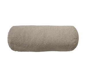 Cylindrisk bolsterpude i taupe farve med afrundede kanter.