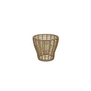Sofabordunderstel med åben, flettet struktur i naturfarve. Aflang, konisk form. Minimalistisk design.