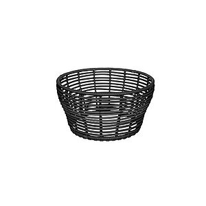 Rundt, mørkt sofabordunderstel i åben fletdesign med horisontale og vertikale elementer.