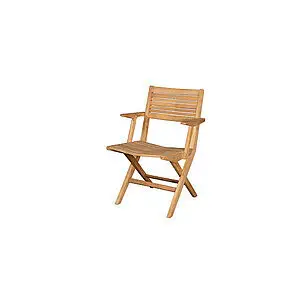 Træklapstol med armlæn, slatted ryg og sæde i teak. Foldbar design til komfort og funktionalitet.