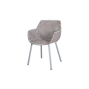 Stol med vævet design i lys grå, bordeaux og støvet rosa. Fire ben og armlæn.