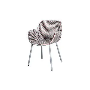 Stol med vævet design i lys grå, bordeaux og støvet rosa. Fire ben og armlæn.