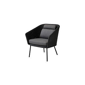 Moderne stol med buet ryglæn, armlæn og grå hynde. Mørkt vævet stel for elegant udseende.