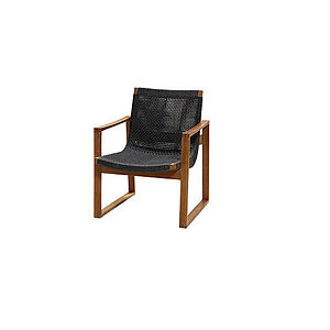 Loungestol med teakramme og mørkegråt flettet sæde. Minimalistisk design med integrerede armlæn.