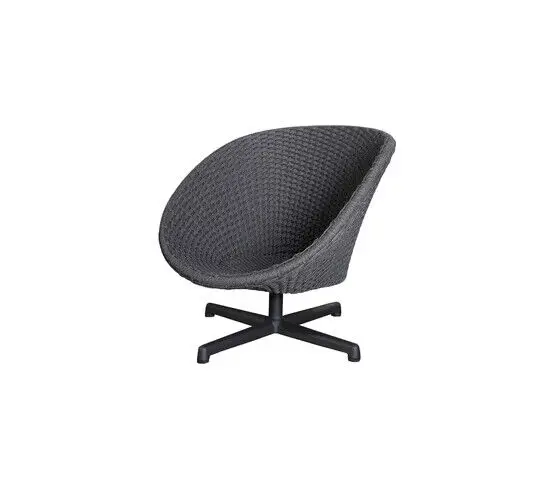 Mørkegrå drejestol i flettet design med rund ryg og sæde, samt firebenet aluminiumsfod.