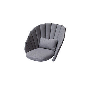 Gråt hyndesæt med bred ryg-, rund sæde- og lille lændehynde til loungestol.