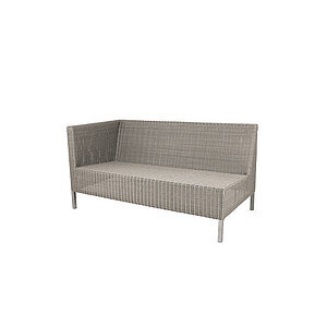 Taupe sofa med flettet mønster, højre armlæn, ryglæn og slanke ben.