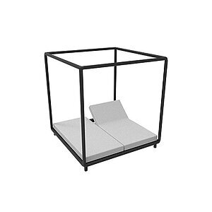 Moderne cabana med firkantet metalramme og lysegrå hynder til afslapning.
