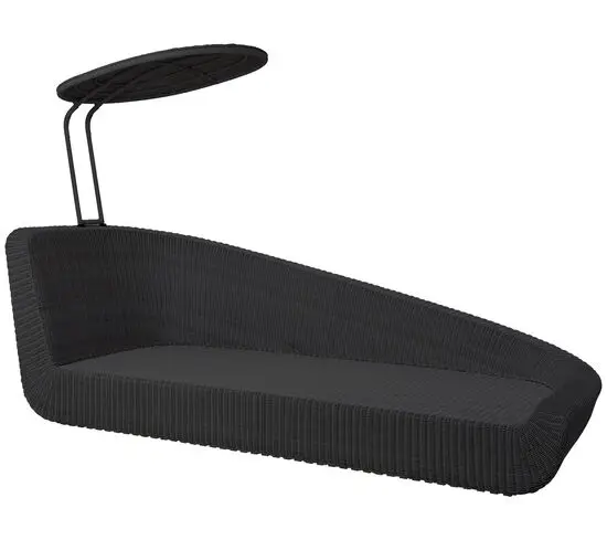 Moderne sort daybed med venstre modul, ryglæn og fastgjort parasol til skygge.