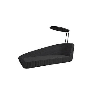Kurvet daybed i mørk flet med asymmetrisk form, høj ryg og integreret parasol til skygge.