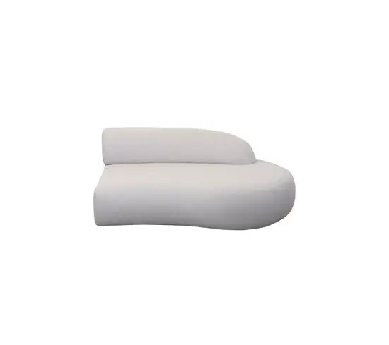 Modulsofa med venstreorientering, kort ryglæn, buet form, glatte kanter, lysegråt stof.