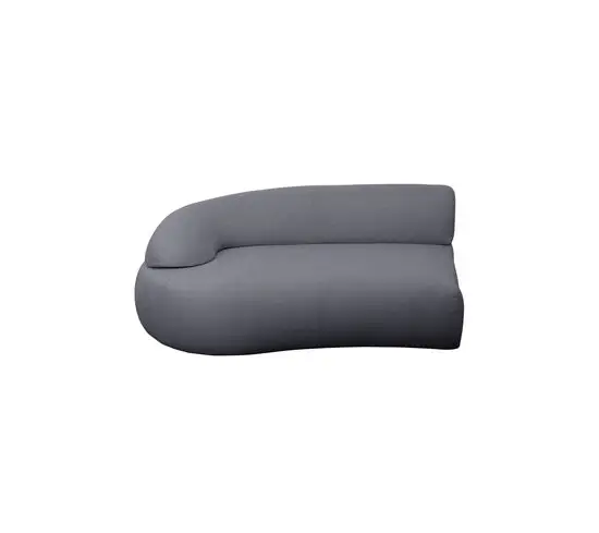 Grå modulsofa med højt ryglæn til højre, afrundet design og glatte kanter.