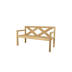 Træbænk med krydset ryglæn, lige armlæn og rektangulært sæde.