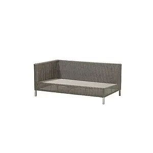 Modulsofa til to personer i taupe med højre armlæn, vævet tekstur og slanke ben.