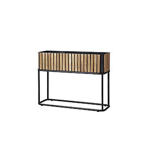 Rektangulær plantekasse med lameldesign, hævet på metalstel. Kombination af træ og metal.