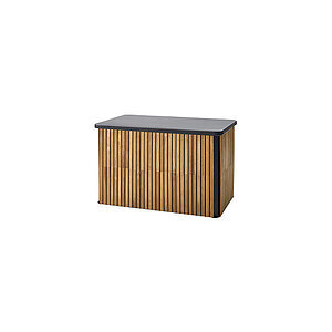 Rektangulær hyndeboks i teak med lodret lameldesign og mørk top i lavagrå aluminium.