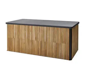 Rektangulær opbevaringsboks i teak med lodrette lameller og mørk top i moderne design.