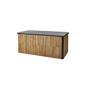 Rektangulær opbevaringsboks i teak med lodrette lameller og mørk top i moderne design.