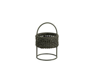 Mørkegrøn lampe med flettet design, rund base og integreret håndtag.