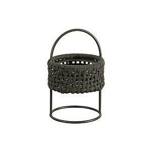 Mørkegrøn lampe med flettet design, rund base og integreret håndtag.