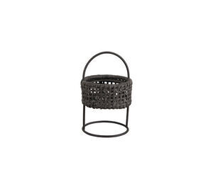 Mørkegrå lampe med flettet design, cylinderformet med åbent gittermønster og rund ramme.