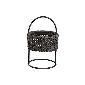 Mørkegrå lampe med flettet design, cylinderformet med åbent gittermønster og rund ramme.