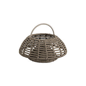 Rund, kuppelformet taupe lampe med åbent vævemønster og integreret håndtag i Cane-line Soft Rope.