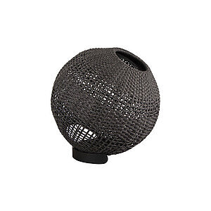 Rund mørkegrå lampe med vævet mønster, robust base.
