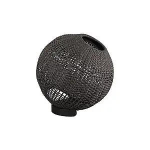 Rund mørkegrå lampe med vævet mønster, robust base.