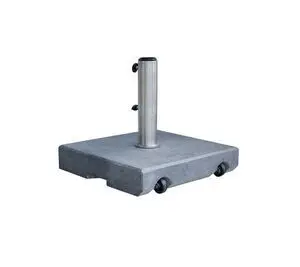 Parasolbase i mat grå med cylindrisk holder. Kvadratisk form, granitmateriale, hjul for mobilitet.