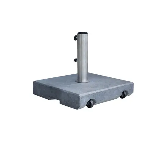 Parasolbase i mat grå med cylindrisk holder. Kvadratisk form, granitmateriale, hjul for mobilitet.