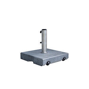 Parasolbase i mat grå med cylindrisk holder. Kvadratisk form, granitmateriale, hjul for mobilitet.
