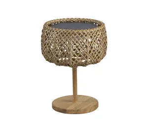 Lille bordlampe med flettet top, vertikal stand og rund base. Enkel og minimalistisk stil.