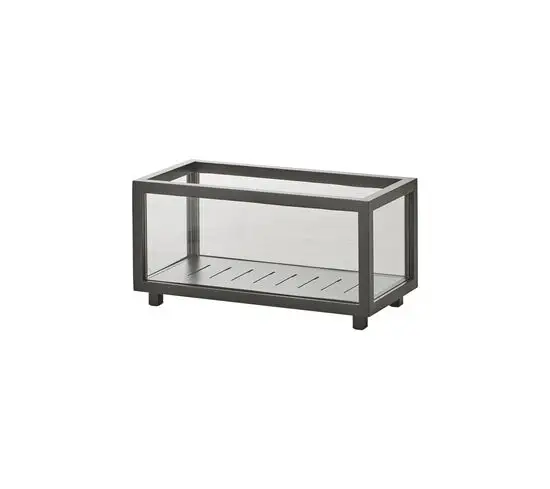 Rektangulær lanterne i minimalistisk design med lavagråt aluminiumsramme og små ben.