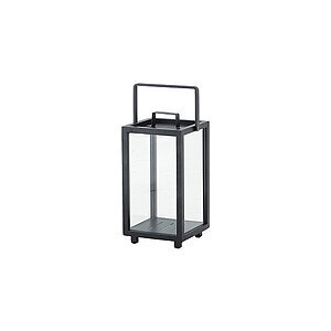 Rektangulær lanterne i gråt med gennemsigtige sider, håndtag og små ben for stabilitet.