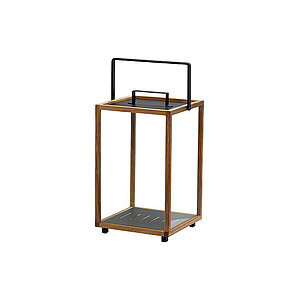 Firkantet lanterne i træ og metal med bærehåndtag. Åbne sider til lyskilde, minimalistisk design.
