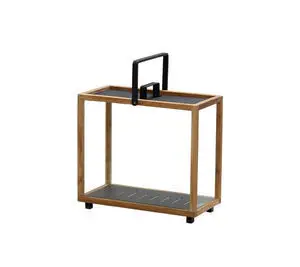 Rektangulær lanterne i teak og lavagrå aluminium med bærehåndtag på toppen.