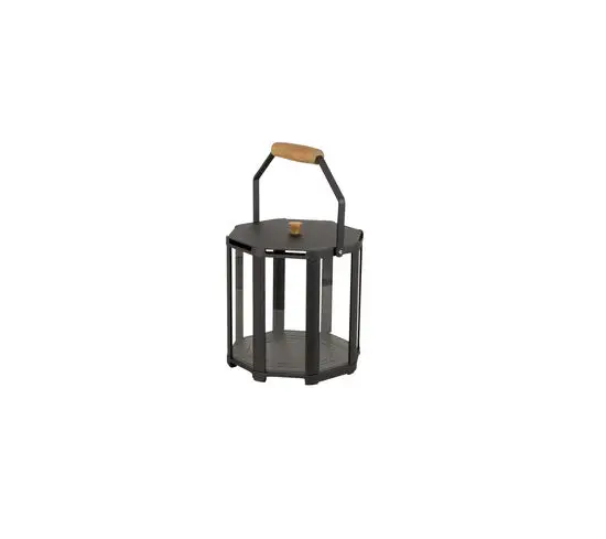 Mørkegrå lanterne med træhåndtag, lodrette glaspaneler og moderne design.