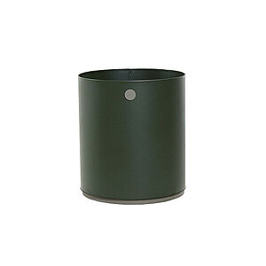 Mørkegrøn, cylindrisk plantekasse med mat finish og cirkulært designelement. Minimalistisk stil.