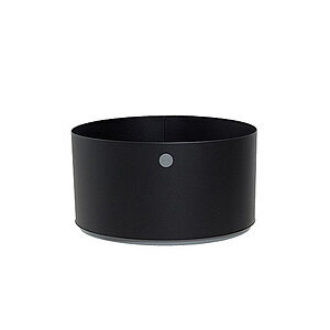 Rund plantekasse i mørkegrå, enkel og moderne, med glat overflade og cirkulær detalje på siden.